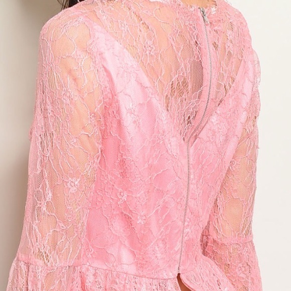 ❌DONATED❌Pink Overlay Lace Ruffled Hem Long Bell Sleeve Top - Picture 4 of 9